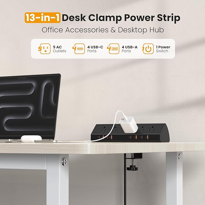 VILONG Desk Clamp Power Strip,65W Total Fast Charging Station,Desk Edge Mount Power Strip,8 USB Ports (4 USB C) & 5 AC Outlets,1200J Surge Protector (Black, 6, Feet, Power Strip)
