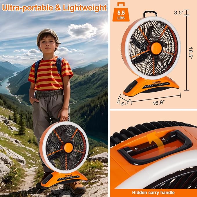 Large 45000mAh Battery Operated Camping Fan, 12-Inch Blades Portable Rechargeable Outdoor Fan with 5 Speed Display, 1040CFM High Airflow, Cordless Floor Fan with Timer for Garage, BBQ