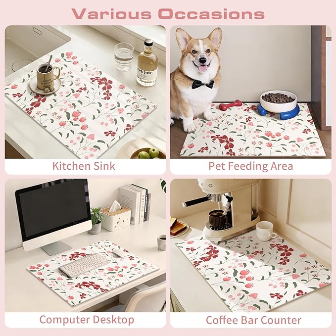 Flower Design Drying Mat Non-slip Bar Mats for Kitchen Bathroom Counter & Sink Side 16"X 24",Perfect as Housewarming Gift (Floral Whispers,White)