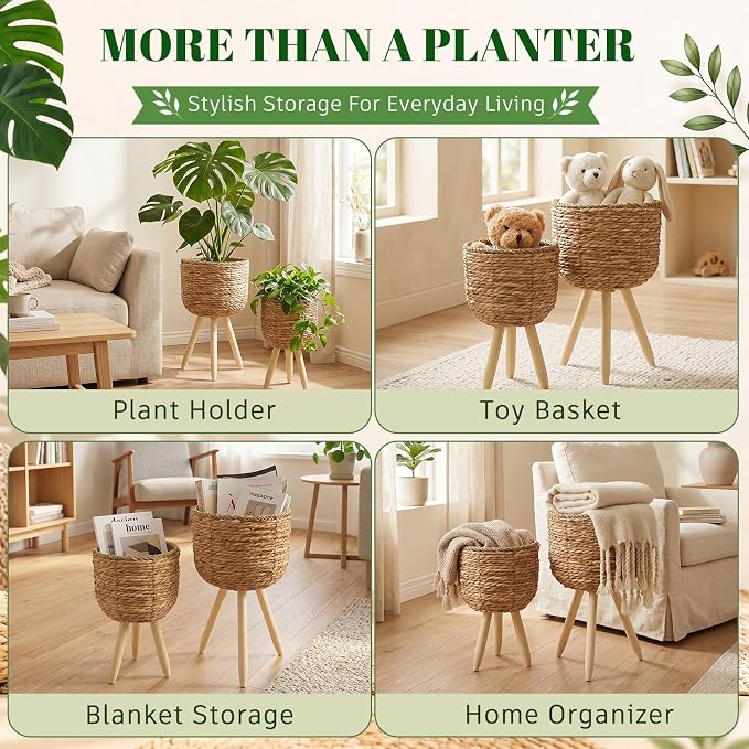 2 Pack Seagrass Plant Stand Set with Solid Wood Legs – Handwoven Boho Indoor Planter Basket Combo, Small & Large Decorative Flower Pot Holder for Living Room, Bedroom & Patio