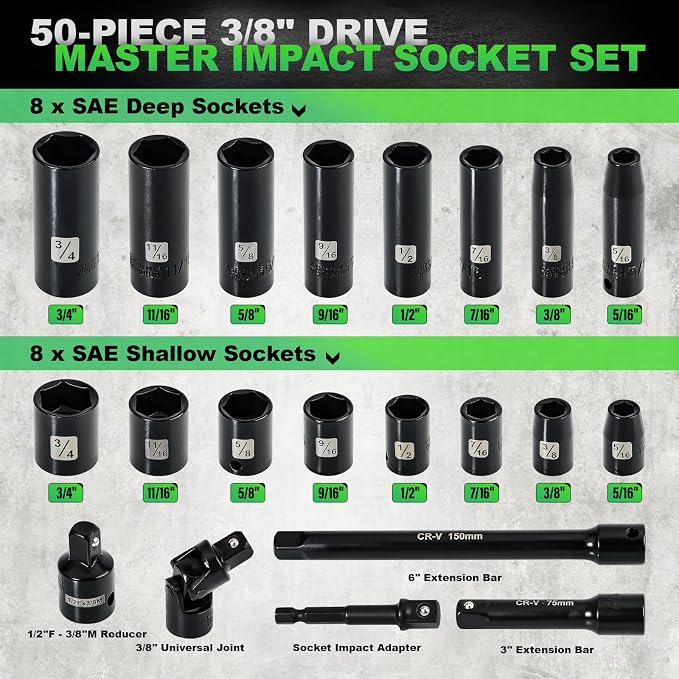 3/8" Drive Impact Socket Set, 50 Piece Standard SAE (5/16 to 3/4 inch) and Metric (8-22mm) 6 Point, Extension Bars, Impact Universal Joint, Adapter, Cr-V Steel