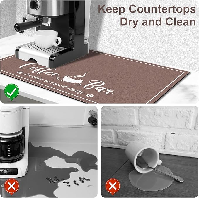CooRug Absorbent Coffee Mat, Fashion Dish Drying Mat for Kitchen Counter Coffee Bar Accessories Espresso Machine Dish Rack 16" x 24" Brown