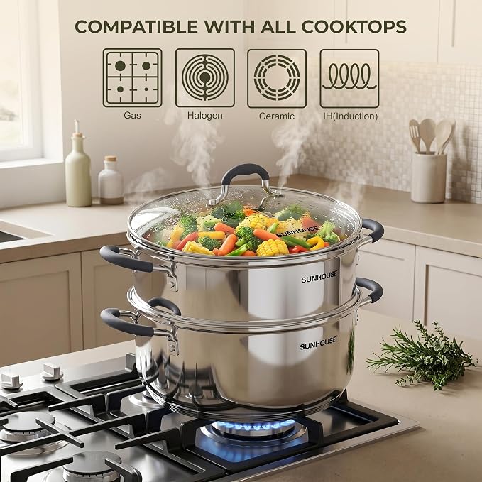SUNHOUSE 6.3 QT Stainless Steel Steamer Pot for Cooking with Glass Lid | 2-Tier Vegetable & Dumpling Food Steamer Basket - Stovetop Ollas Vaporeras with Stay-Cool Handles - Tri-Ply Induction Base