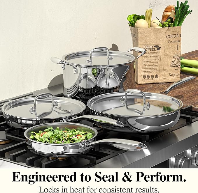 Stainless Steel Frying Pan Set with Lid, Umite Chef 3Pcs Skillet Set (Includes 8",10",12") - 5 Ply Stainless Clad - Heavy Duty & Professional Cookware Set, Fast & Even Heat, Dishwasher and Oven Safe