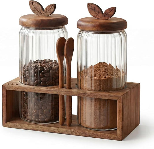 Coffee Bar Glass Canister Set – 2 × 34 floz Airtight Glass Jars with Acacia Wood Lids, 2 Acacia Wood Spoons & Acacia Organizer Tray