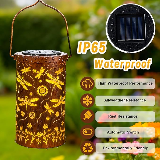 ANYTALK Dragonfly Flower Solar Lanterns Outdoor Waterproof, Birthday Gifts for Women Mom Grandma, Hanging Solar Lights for Yard, Patio, Porch, Garden Decor, Christmas Gifts for Her/Him