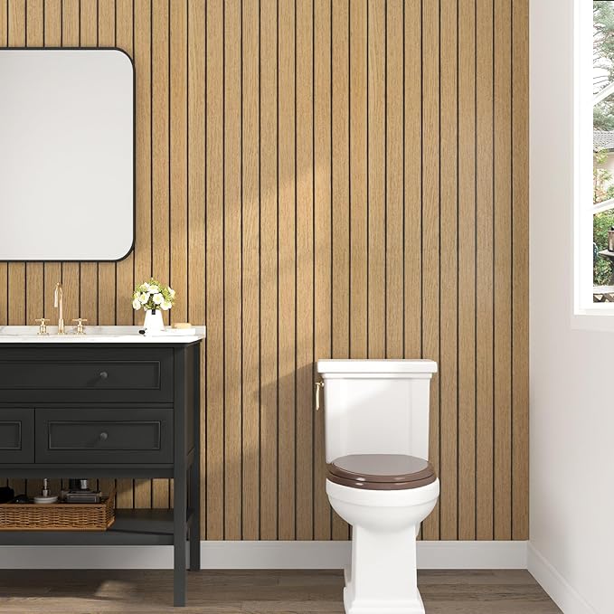 Wallercity Brown 3D Peel and Stick Wall Panels Wood Grain Textured Wall Slat Panel Self Adhesive Waterproof Plank Wallpaper for Kitchen Bathroom Soundproof Wooden Slatted Panels for Rooms 11.7''x197''