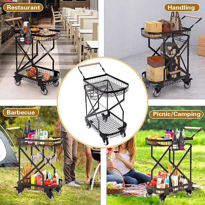 2-Tier Foldable Shopping Cart with Wheels for Groceries, Grocery Store Cart with 360° Rolling Swivel Wheels, Heavy Duty Folding Utility Cart for Camping Gear, Traveling, Laundry, Garden, Pantry