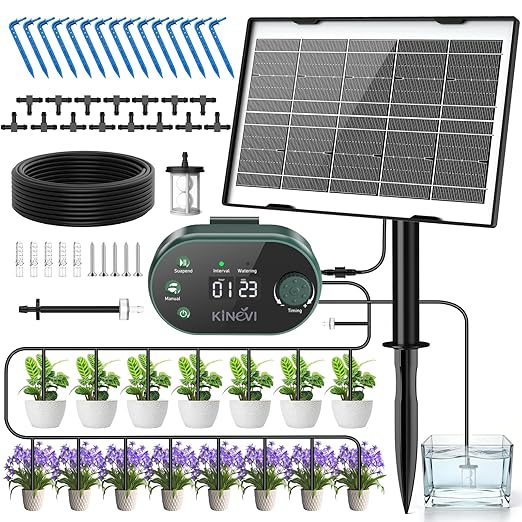 Solar Drip Irrigation System Kit, Auto Plant Waterer for 15 Pots | 3W Solar Powered Automatic Self Watering Device, 22 Programmable Timer Modes, Anti-Siphon, Outdoor Balcony