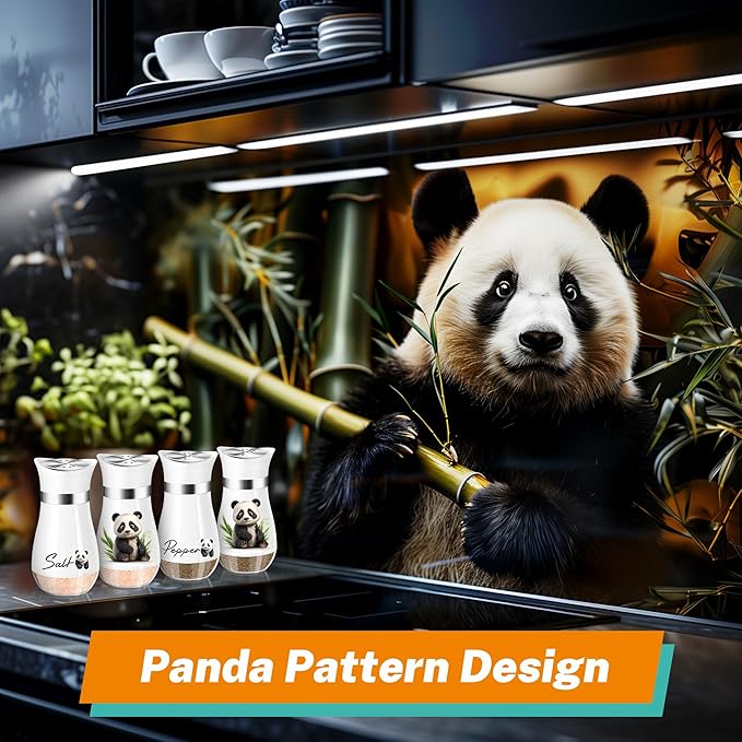 Panda Salt and Pepper Shakers Set,4 oz Glass Bottom Salt Pepper Shaker with Stainless Steel Lid Kitchen Decor and Accessories Refillable Design(Panda Eatting)