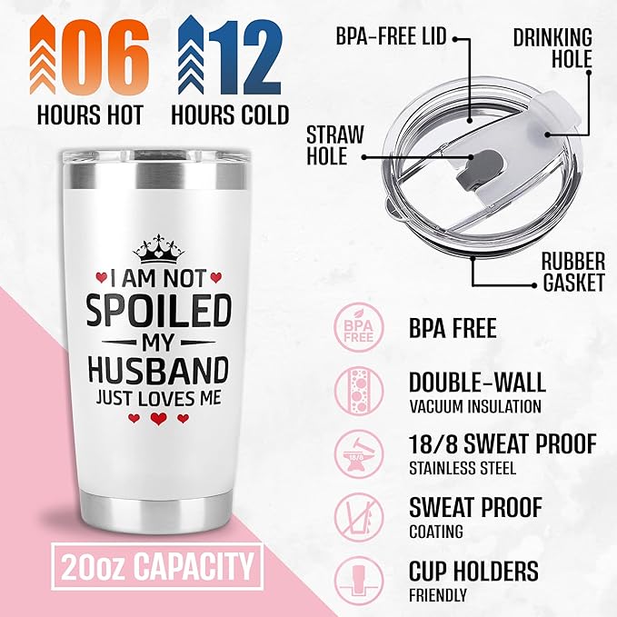 Mothers Day Gifts for Wife – I Am Not Spoiled My Husband Just Loves Me Tumbler 20Oz, Wifey Tumbler, Cool Gifts for Wives, Gift Ideas for My Wife, Birthday Present for Wife