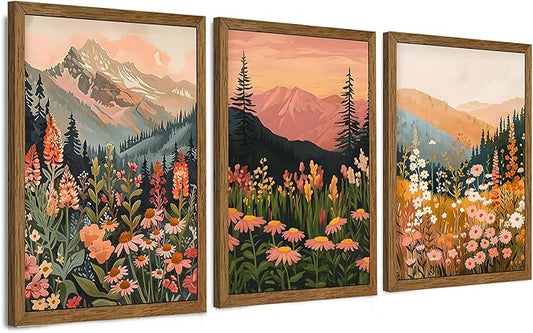WRFON Botanical and Flower Canvas Wall Art, Framed Mountain Landscape Wall Art Set of 3, Wildflower Meadow Canvas Print, Rustic Nature Decor for Living Room Bedroom Cabin Lodge Farmhouse Decor, 20x30