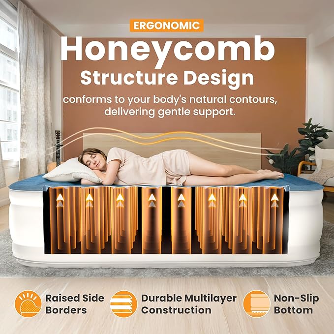 Dr. air Queen Air Mattress with Built-in Pump, 18" Raised Blow Up Mattress, 800 lbs Max Honeycomb Air Bed, 48Hr Leak-Proof Test, 3min Inflatable Mattress for Home, Guests, Camping, Colchones inflables