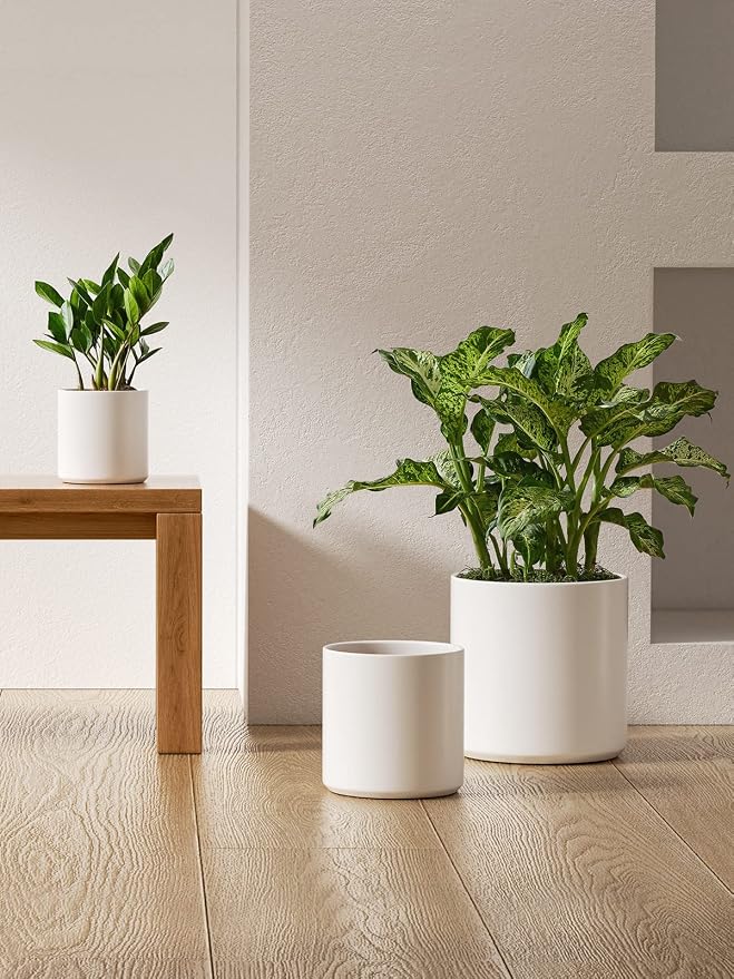 LE TAUCI 10+8+6 Inch Ceramic Pots for Plants, Indoor Planters with Drainage Hole and Plug, Modern Cylinder Flower Pots Set of 3 for Living Room and Bedroom, Satin, White