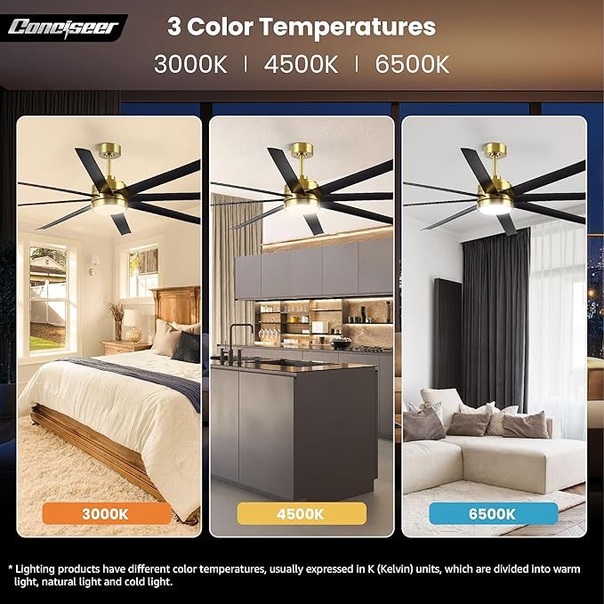Conciseer 65 Inch Ceiling Fans with Lights and Remote for Bedroom Living Room Kitchen Office, Indoor/Outdoor Use, 6CCT, 8 Blades 6 Speed Reversible Dimmable Quiet DC Motor, Gold/Black