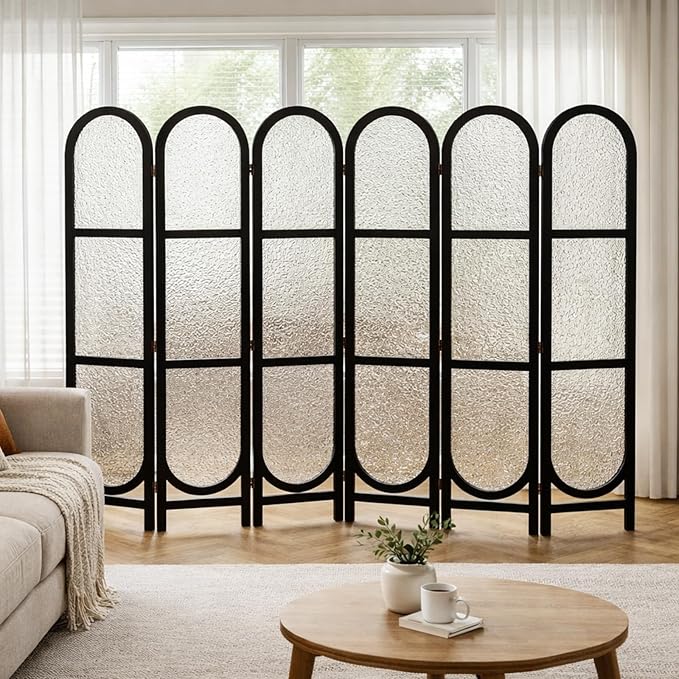 Acrylic Room Divider 6 Panel 67" Tall Arched Room Divider and Privacy Screen with Solid Paulownia Wood Frame, Freestanding Partition Divider for Room Separation, Home, Bedroom - Black