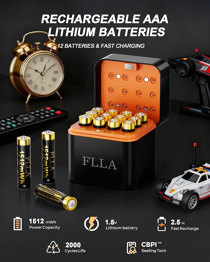 Flla Rechargeable AAA Lithium Batteries, 12 Pack 1.5V 1512mWh Triple A Batteries with USB-C Fast Charger & Storage Case, 2000+ Cycles for Blink Cameras, TV Remotes, Home Electronics
