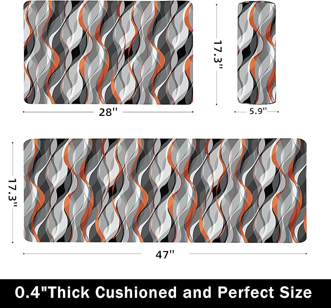 Kitchen Mats for Floor Modern Abstract kitchen rugs Grey and Orange Stripe Anti Fatigue Kitchen Mats Waterproof Floor Mats Cushioned Non-Skid Standing Mats for Kitchen, Set of 2,17.3 x 28+17.3 x 47
