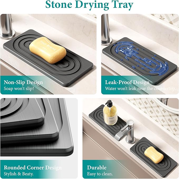 Water Absorbing Stone Tray, Quick Drying Diatomite Bathroom Tray Countertop, Stone Drying Mat for Kitchen Counter, Soap Dish Dispenser Vanity Organizer, Dark Grey-A-9.8" x 4"