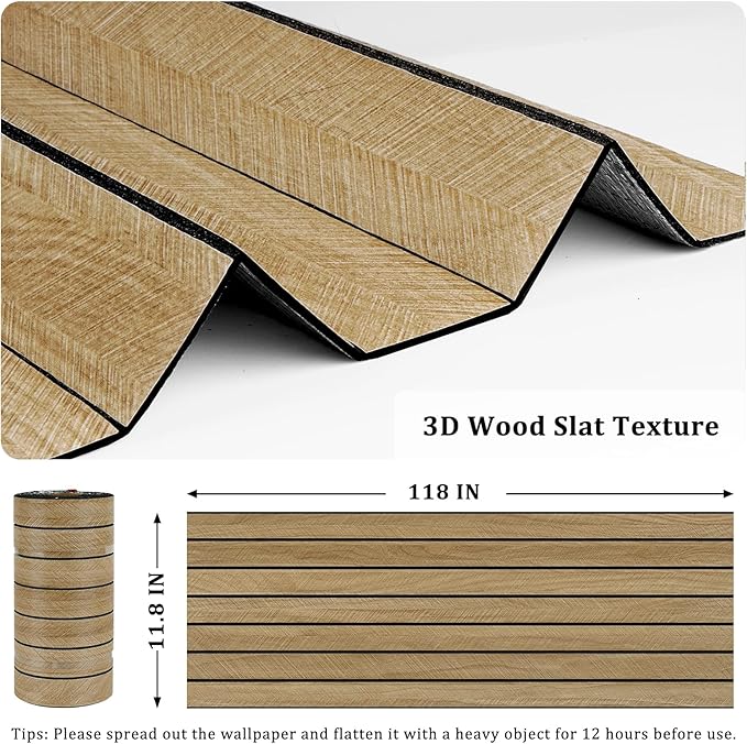 3D Brown Wood Panels for Walls 118" x 11.8" Acoustic Slat Wall Paneling Peel and Stick Wood Panels Self Adhesive Flexible Wooden Slat Wallpaper for Bedroom Living Room Wall Decor Ceiling