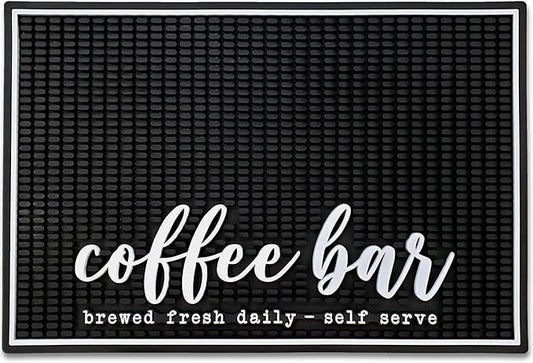 New Mungo Coffee Bar Mat – “Coffee Bar - Brewed Fresh Daily - Self Serve” – Spill-Proof PVC Coffee Station Mat, Non-Slip Countertop Protector 18"x12"