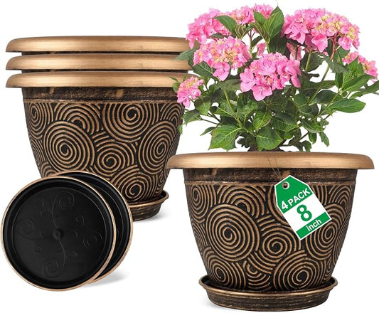 Fodetyff 8 Inch Flower Pots Planters for Indoor Outdoor Plants, 4 Pack Plastic Small Plant Pots with Drainage Hole & Tray, Modern Decorative Garden Pot with Saucer, Plant Container for House