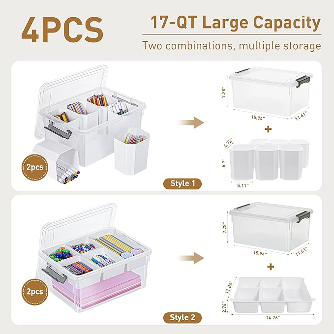 Citylife 17 QT Plastic Storage Box with Removable Tray and 6 Detachable Tall Inserts Craft Organizers and Storage Clear Storage Container for Organizing Crayon, Craft, Sewing, Playdoh, 4 Packs