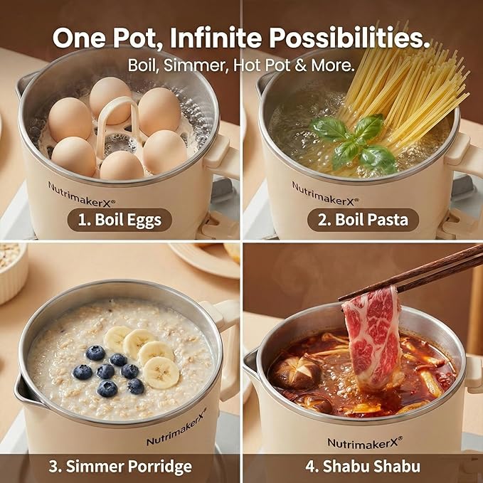 Electric Hot Pot, 1.5L Mini Portable Ramen Cooker for Shabu Shabu, Soup, Oatmeal. Rapid Heating Electric Pot for Dorm Room & Quick Meals. Dual Power Control, Stainless Steel Interior.