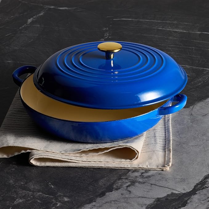 CAROTE 3.4QT Enamel Cast Iron Cookware, Skillet with Lid, Blue Dutch Oven | Shallow Round Braiser Pan Oven Safe, Non-Toxic Pot for Grilling, Searing, Baking, Dual Handles, All Stovetop Compatible
