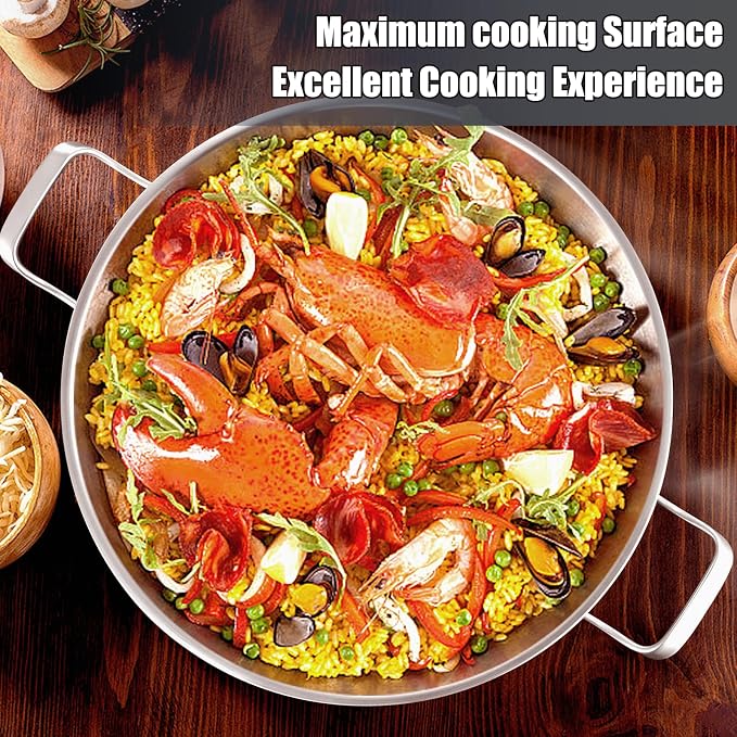 DELARLO 10 Inch Tri-Ply Stainless Steel Paella Pan with Lid, Large Induction Skillet & Jumbo Frying Pan, Heavy Duty Cookware for Paella Parties, Indoor & Outdoor Use