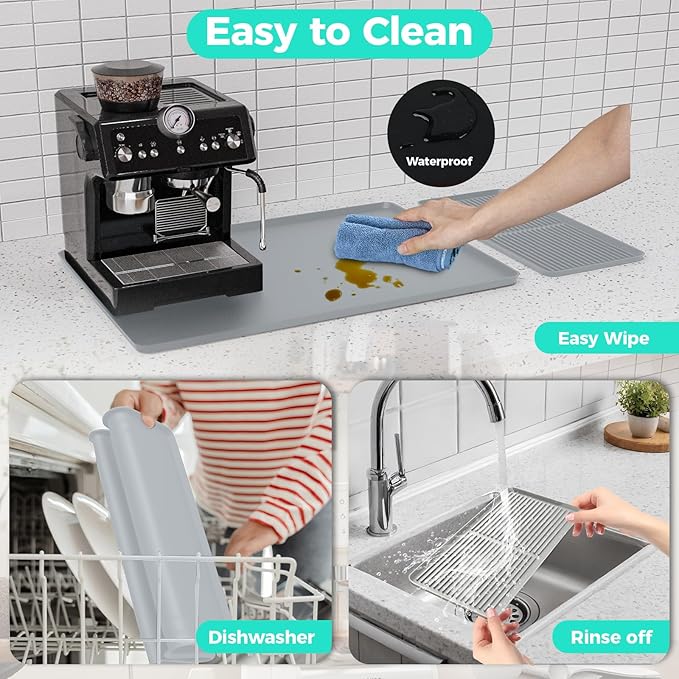 2-in-1 Coffee Mat & Dish Drying Mat Coffee Bar Mats for Countertop Coffees Matt for Counter Silicone Coffees Espresso Machine Station Mats Under coffe Maker Spill Matt Countertops Pot 24×16inch-Gray
