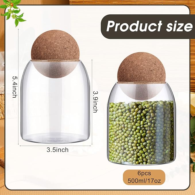 Suclain 6 Pcs Glass Jars with Cork Ball Lid Farmhouse Kitchen Canisters Coffee Bar Countertop Container Rustic Storage Jars for Bean Nut Sugar Coffee Tea Organizer Housewarming Gift (17 oz)