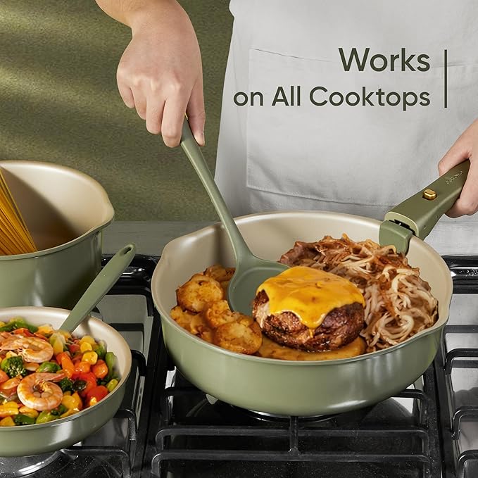 CAROTE 19 Pcs Pots and Pans Set, Nonstick Cookware Sets with Detachable Handle, Titanium Reinforced, Oven Safe, Cookware Non Stick Cooking Set w/Frying Pans & Saucepans Green(PFOS, PFOA Free)