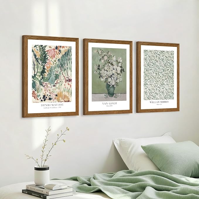 JLTULT 3 Piece Vintage Sage Green Canvas Wall Art, Van Gogh Matisse Wall Decor, Botanical Painting Artwork Prints for Living Room Bedroom Home Office 16X24 inch Wood Framed Easy to Hang