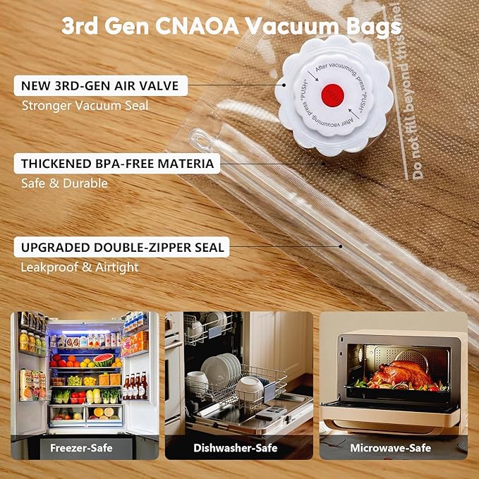3rd-Gen (8" x 9") 20 PCS Upgraded Reusable High-Seal Bags (Vacuum Sealer Machine Not Included), Compatible with CNAOA Vacuum Sealers