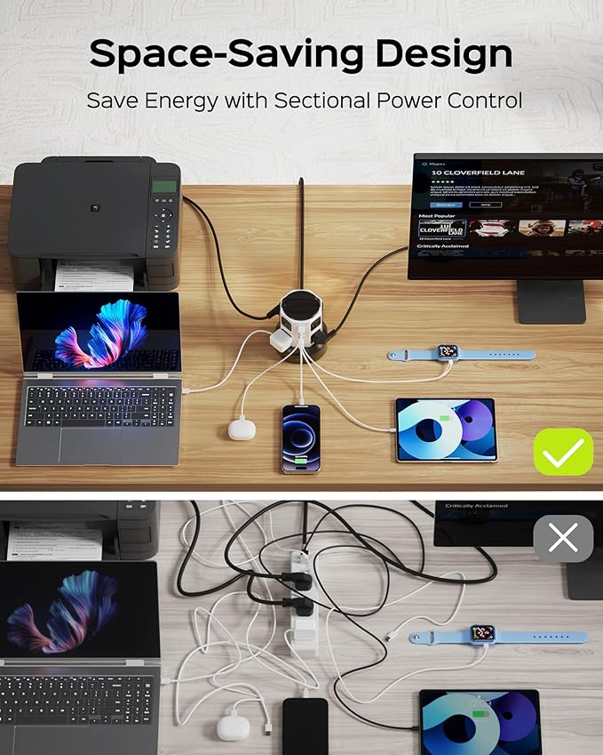 Tower Surge Protector Power Strip, JACKYLED Extension Cord with Multiple Outlets, 8 Outlets 4 USB Ports(2 USB C) 1625W/13A Retractable Cord Charging Station with 1050J Protection, Home Office Supplies