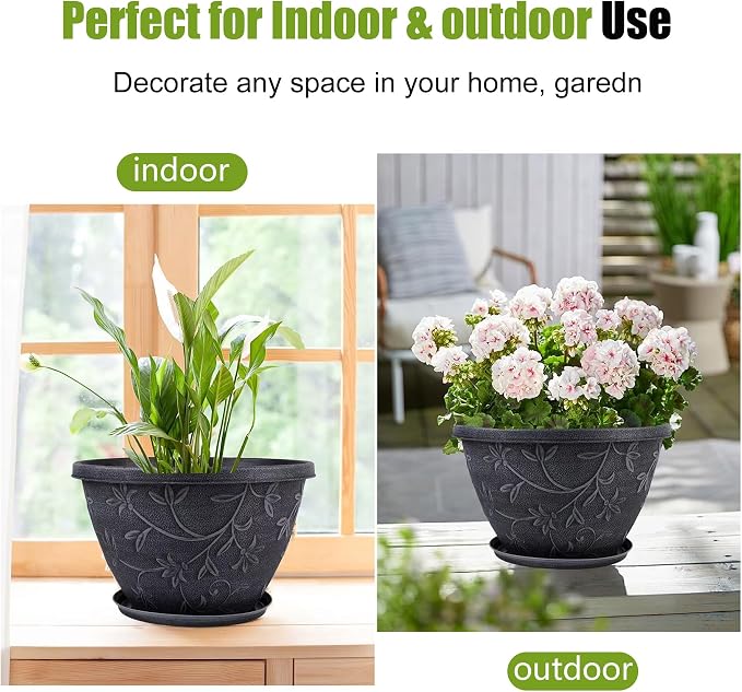 Nooulap 4 Pack 8 Inch Flower Pots for Outdoor Indoor, Plastic Plant Pots with Drainage Hole & Saucer, Lightweight Small Resin Flower Pot, Imitation Magnolia Pots for Garden House planters（Gray）