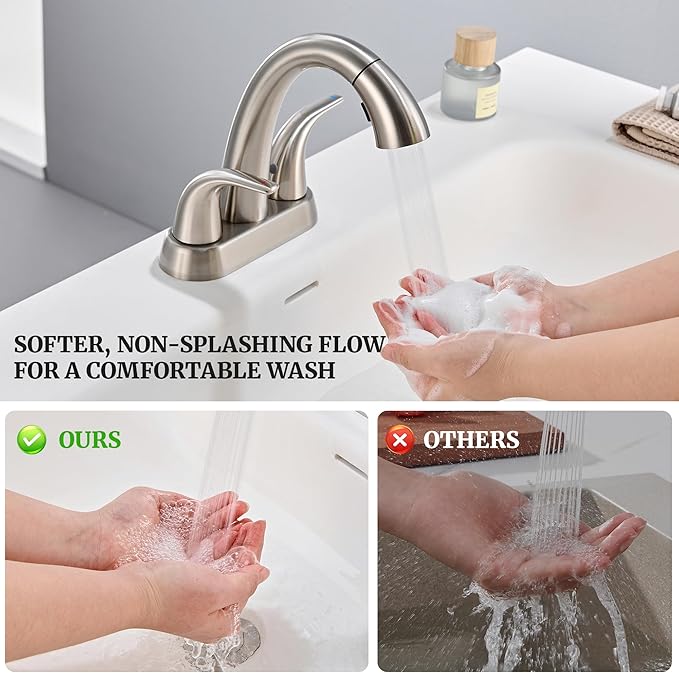 Ultimate Unicorn Pull Down Bathroom Sink Faucet - Anti-Splash Brushed Nickel 4 Inch Centerset Vanity Faucets 3 Hole with Pop Up Drain, Two Handle Modern Washbasin Tap Set with Sprayer for Rv Restroom