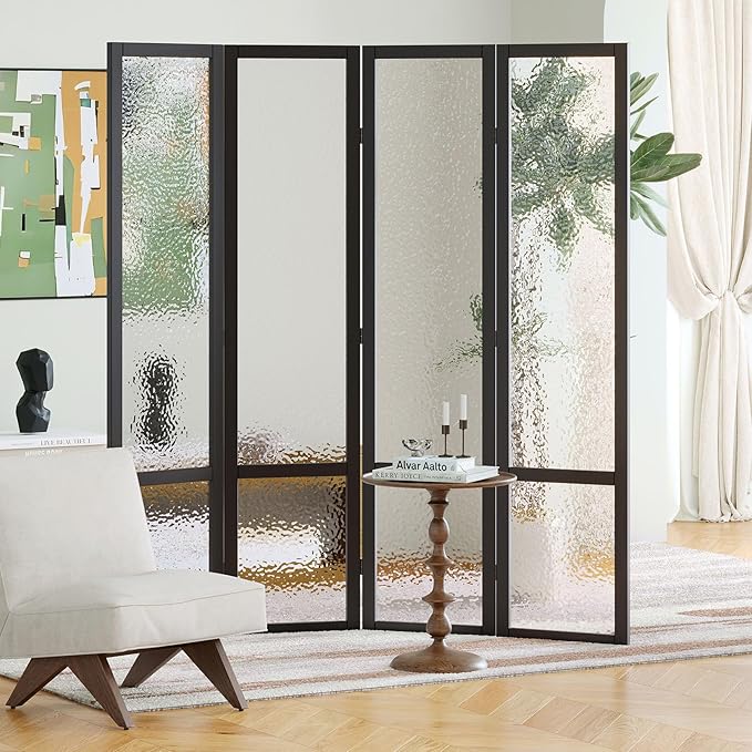 Acrylic Room Divider,4-Panel Freestanding Partition Screen, Frosted Translucent Privacy Panel - Lightweight Modern Divider for Home Office Studio (Black, 4 Panels)