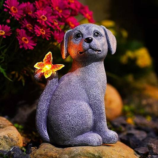 Nacome Solar Dog Outdoor Statues for Garden: Outside Decor with Butterfly Clearance for Yard Art Lawn Ornaments Patio Balcony Home House for Mom Grandma Women