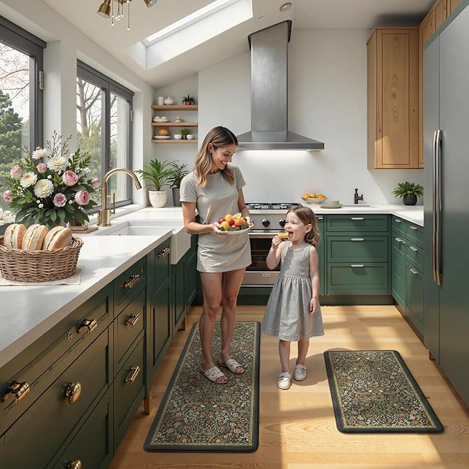 Collive Anti Fatigue Kitchen Mats, Spring Green Floral Kitchen Rugs Sets of 2 Non Slip Waterproof Standing Mat, Washable Vintage Comfort Desk Rug for Office, Sink, Laundry, 17.3"x29"+17.3"x47"