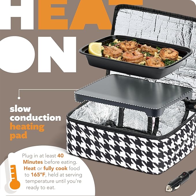 HOTLOGIC Mini Heated Lunch Box - Portable Electric Food Warmer for Men and Women - Great for Work, Office, and Construction - Cook, Reheat, and Eat on the Go - 12V - Houndstooth