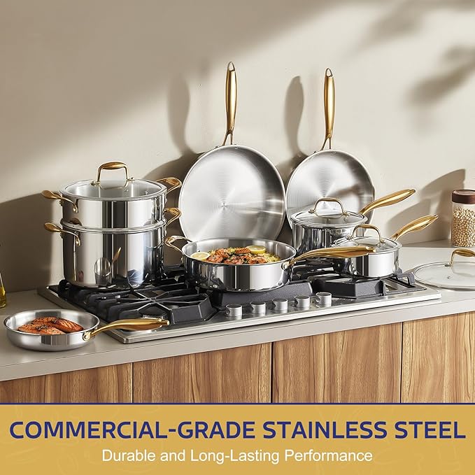Triple Ply Stainless Steel Pots and Pans Set, EWFEN 12 Piece Induction Cookware Set, Oven Dishwasher Safe | Frying Pans, Saucepans, Saute Pan & Stock Pot, PFOA Free Kitchen Skillet, Gold