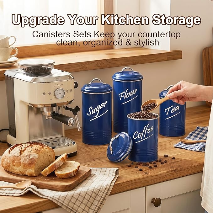 Hillbond Kitchen Canister Set of 4, Airtight Stainless Steel Food Storage Containers with Lids, Flour Sugar Coffee Tea Canisters for Countertop, Metal Kitchen Storage Jars, Navy Blue
