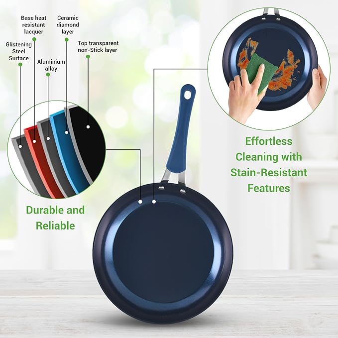 NutriChef 11-Piece Kitchen Cookware Set, Non-Stick Pots and Pans, Easy-to-Clean, Kitchen Utensils Set with Ceramic Coating for Home Cooking, Induction Safe, Diamond Pattern