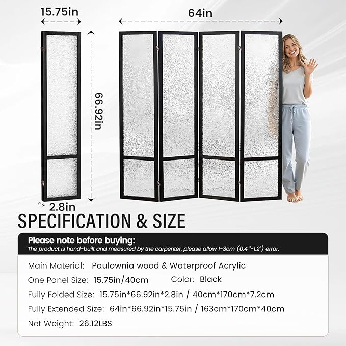 Acrylic Room Divider 4 Panel 67" Tall Room Divider and Privacy Screen with Solid Paulownia Wood Frame, Freestanding Partition Divider for Room Separation, Home, Bedroom, Office - Black