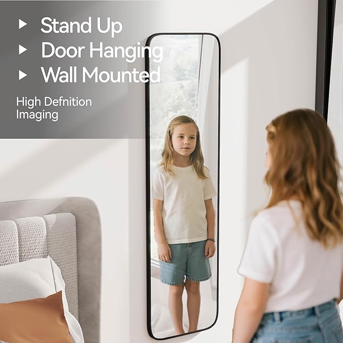 SCWF-GZ 57x16 Full Length Mirror Over The Door Hanging, Floor Stand/Wall Mounted Aluminum Alloy Frame Dressing Mirror for Bedroom Living Room 57 inch Black