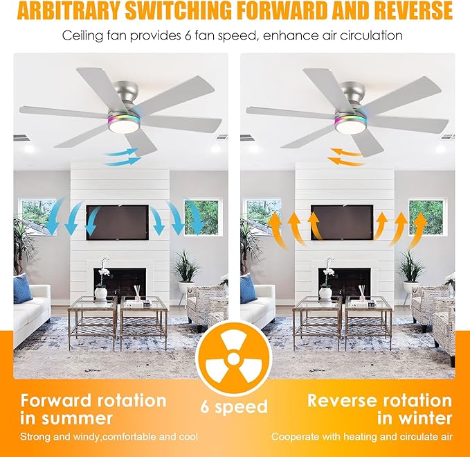Asyko Silver RGB Ceiling Fan with Light and Remote/APP Control - 46" Flush Mount Low Profile Fan Light, 6 Speeds 3CCT and Reversible, Indoor Ceiling Fan for Bedroom, Party