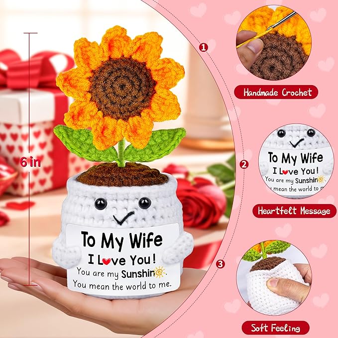 Qunland Mothers Day Her Gifts for Wife from Husband, to My Wife Handmade Crochet Sunflower Doll, Mother's Day Anniversary Wedding Birthday Gifts for Women Her, I Love You Romantic for Wifey