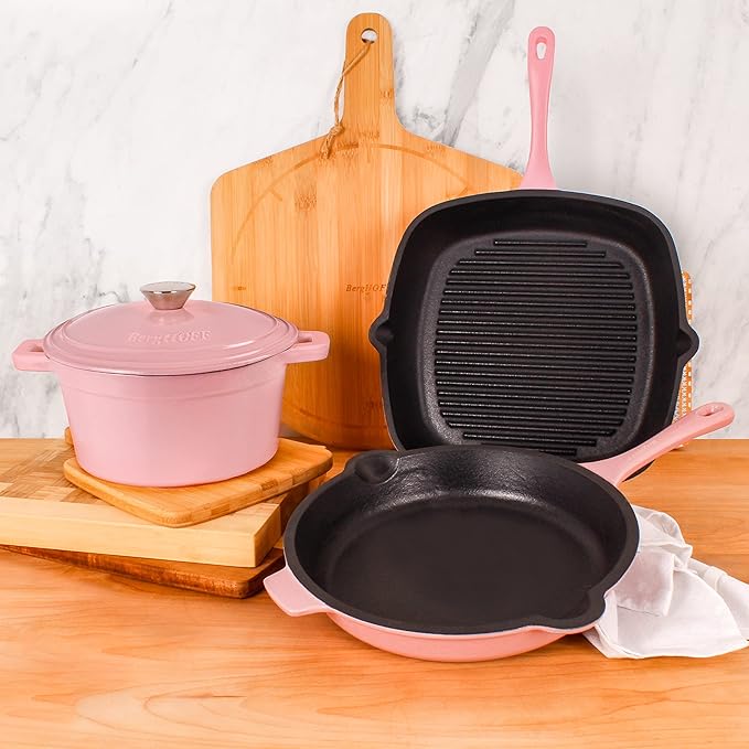 BergHOFF Neo 4Pc Enameled Cast Iron Cookware Set, Grill Pan 11 inches, Fry Pan 10 inches, 3qt. Dutch Oven, Matching Lid, Fast, Evenly Heat, Oven Safe (Pink)